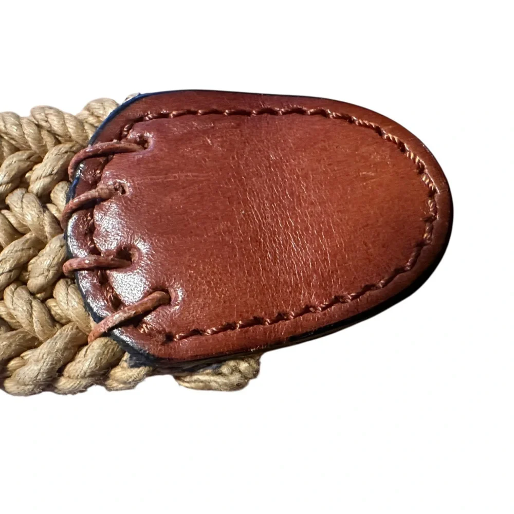 Tommy Bahama Woven Belt Tan Rope Braided Leather Trim Size 36 Made Spain 1.4”